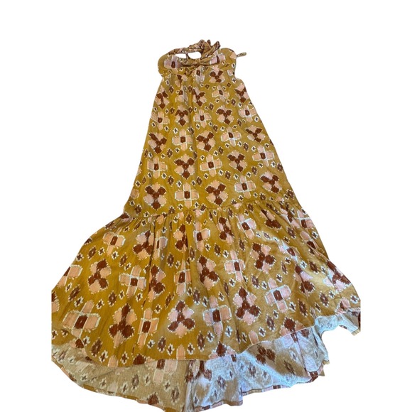 Aerie Mustard Yellow Geometric Print Halter Maxi Dress‎ Tiered High Low Size XS - Picture 7 of 12